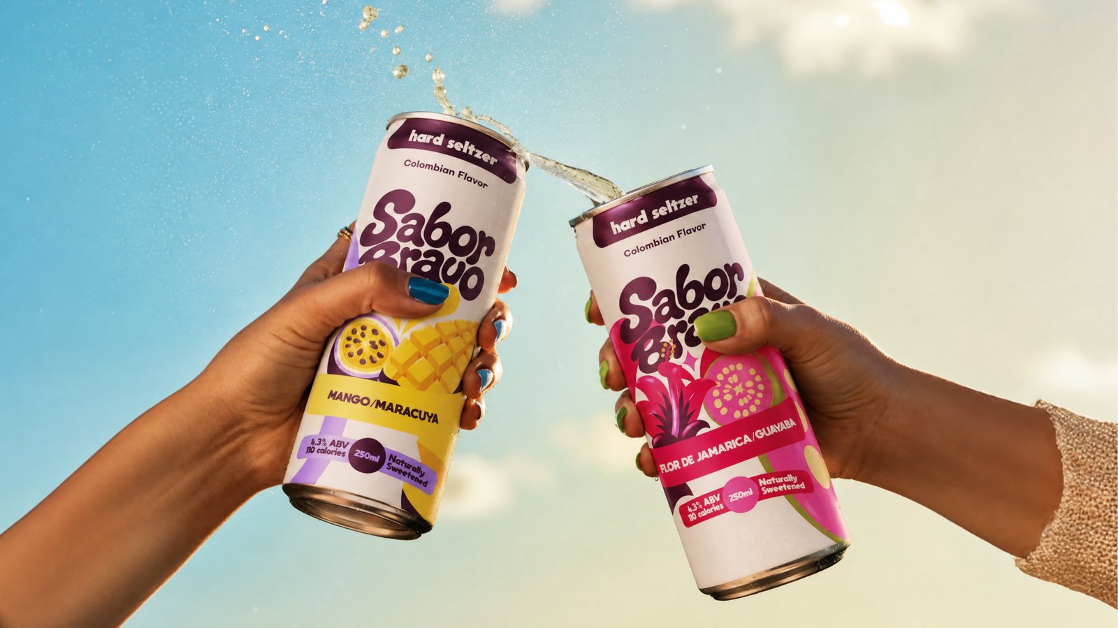 Friends toasting with Sabor Bravo cans